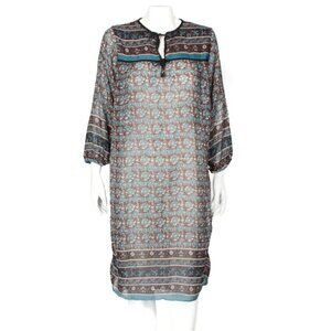 Vintage 1970s MEL Indian Block Print Blue Floral Brown Semi Sheer Dress M/L /172